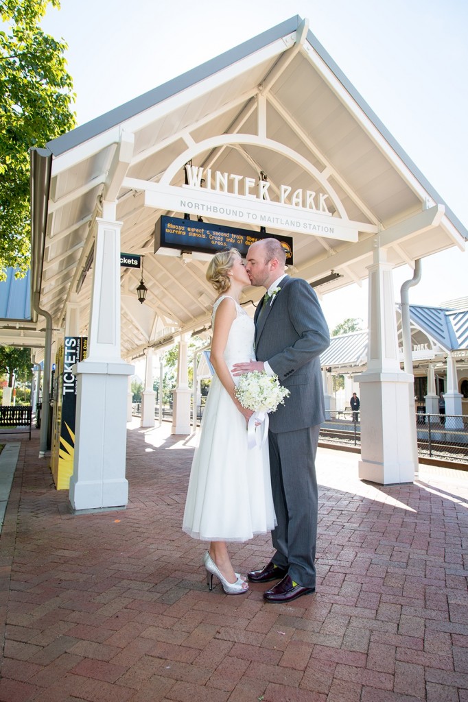 married in winter park, winter park florida, train station, newlyweds